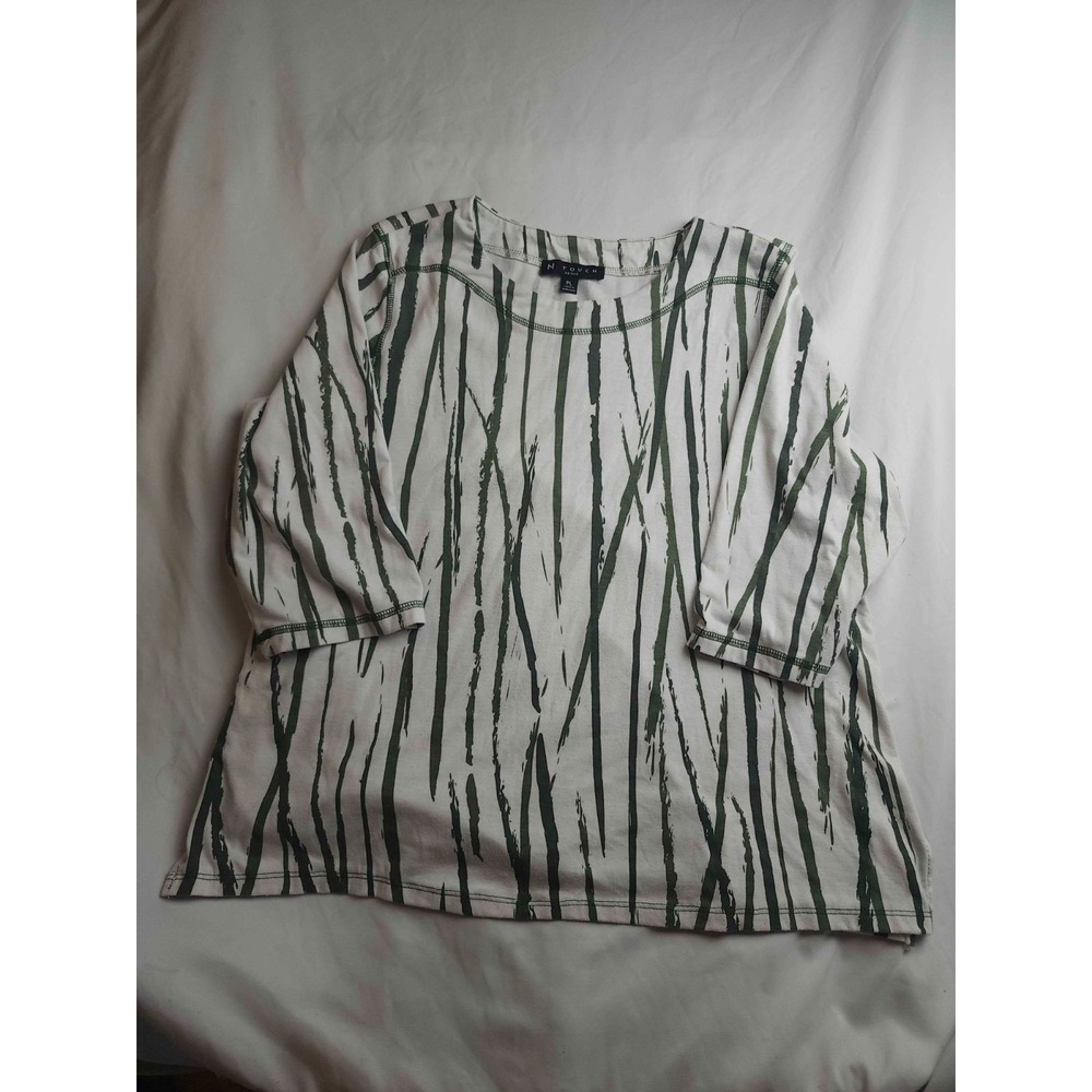 N Touch Womens Blouse PL White Green Abstract Striped Artsy Minimalist Layering